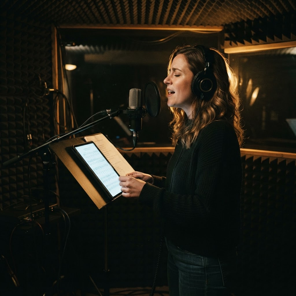 Vocalist wearing headphones singing from a music stand in an acoustic recording booth